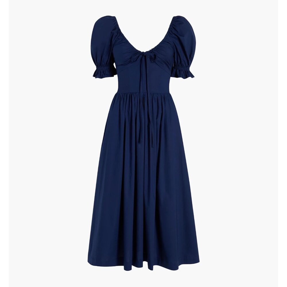NWT Hill House Ophelia in Navy Solid Cotton Poplin Smocked Midi Dress S